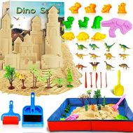 Kiddosland Dino Play Sand Kit for Kids 3lbs Cool Dinosaur Edition Motion Sand with an Inflation-Free Sandbox and Numerous Dino Moulds and Tools Creative Toys for Boys and Girls Ages 3 4 5 6 7