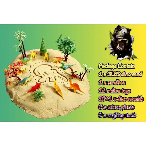  Kiddosland Dino Play Sand Kit for Kids 3lbs Cool Dinosaur Edition Motion Sand with an Inflation-Free Sandbox and Numerous Dino Moulds and Tools Creative Toys for Boys and Girls Ages 3 4 5 6 7