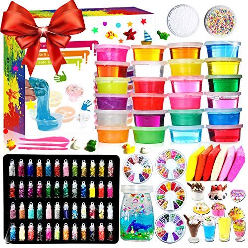 Kiddosland DIY Crystal Slime Kit  Slime kits for Girls Boys Toys with 48 Glitter Powder,Clear Slime Supplies for Kids Art Craft,Includes Air Dry Clay, Fruit Slice and Tools,Squeeze Stress Re