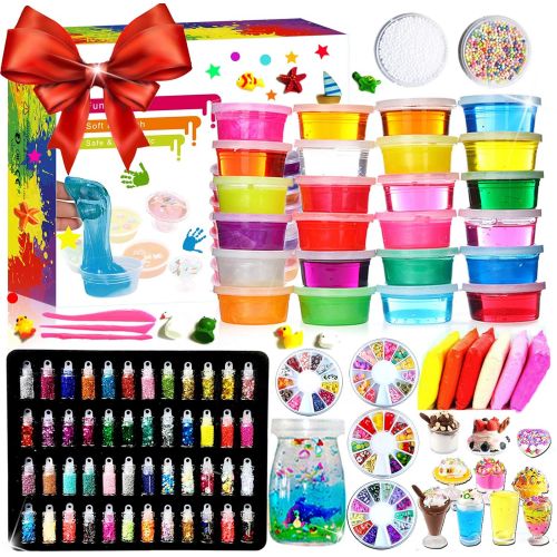  Kiddosland DIY Crystal Slime Kit  Slime kits for Girls Boys Toys with 48 Glitter Powder,Clear Slime Supplies for Kids Art Craft,Includes Air Dry Clay, Fruit Slice and Tools,Squeeze Stress Re