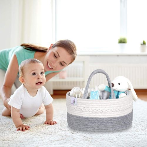  KiddyCare Baby Diaper Caddy Organizer - Stylish Rope Nursery Storage Bin - 100% Cotton Canvas Portable Diaper Storage Basket for Changing Table & Car - Top Baby Shower Gift