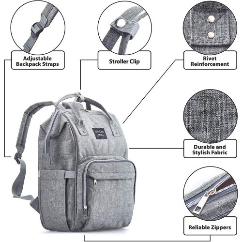  KiddyCare Diaper Bag Backpack, Multi-Function Baby Bag, Maternity Nappy Bags for Travel, Large Capacity, Waterproof, Durable and Stylish for Woman & Men, Gray