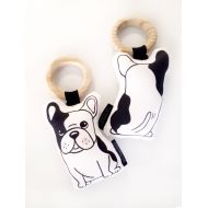 /KiderooSA French Bulldog Baby Soft Rattle Toy - Baby Softie - Monochrome Baby Toy - Teething Toy - Wooden Ring Teether