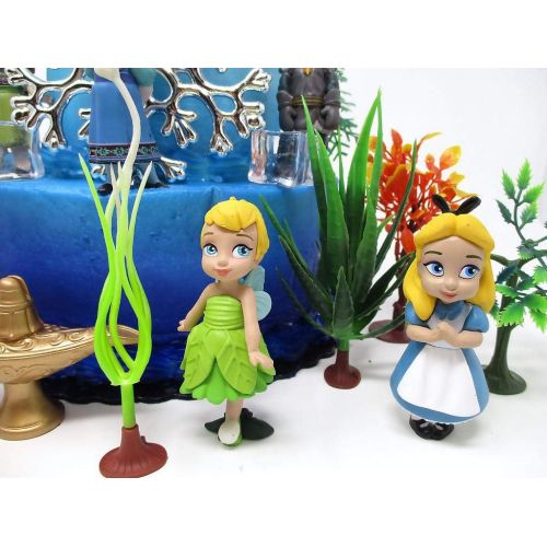  Kids Magical Princess Themed Birthday Cake Topper Set Featuring Lilo, Moana, Elsa, Aladdin, Tinker Bell, Alice and Themed Accessories