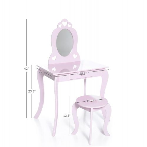  Milliard Kids Vanity Makeup Table and Chair Set, Pretend Beauty Make Up Stool Play Set for Children, Pink with Mirror