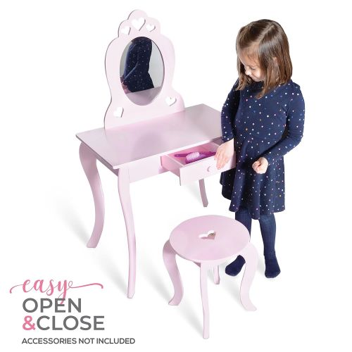  Milliard Kids Vanity Makeup Table and Chair Set, Pretend Beauty Make Up Stool Play Set for Children, Pink with Mirror