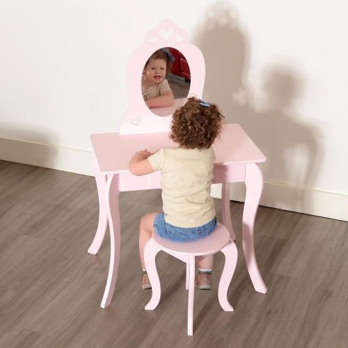  Milliard Kids Vanity Makeup Table and Chair Set, Pretend Beauty Make Up Stool Play Set for Children, Pink with Mirror