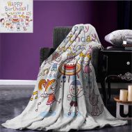 Kids Birthday throw blanket Happy Birthday Letters with Cute Funny African Safari Animals and Flowers miracle blanket Multicolor size:60x80