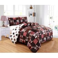 GrandLinen 3 - Piece Kids Twin Size Football Sports Theme Comforter Set with Plush Toy Included-Black, Red, White and Brown Plaid. Boys, Girls, Guest Room and School Dormitory Bedd