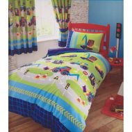 Kids Club Childrens boys diggers truck duvet cover bed set navy blue green - UK Single / US Twin