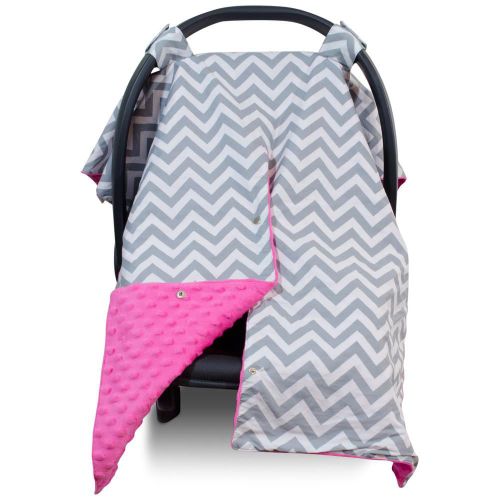  Kids N Such 2 in 1 Car Seat Canopy Cover with Peekaboo Opening - Large Chevron Carseat Cover with Soft Pink Dot Minky | Best for Baby Girls and Boys | Doubles as a Nursing Cover f