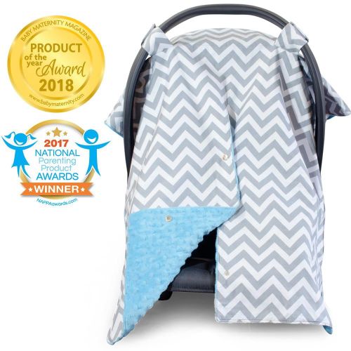 Kids N Such 2 in 1 Car Seat Canopy Cover with Peekaboo Opening - Large Chevron Carseat Cover with Soft Pink Dot Minky | Best for Baby Girls and Boys | Doubles as a Nursing Cover f