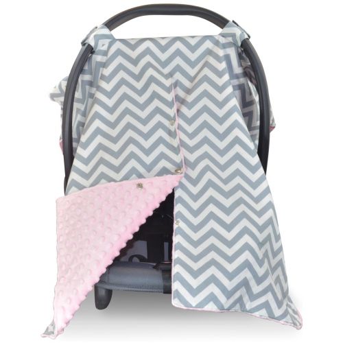  Kids N Such 2 in 1 Car Seat Canopy Cover with Peekaboo Opening - Large Chevron Carseat Cover with Soft Pink Dot Minky | Best for Baby Girls and Boys | Doubles as a Nursing Cover f