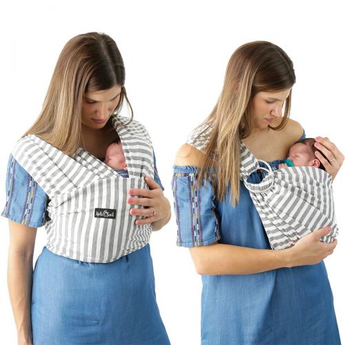  4 in 1 Baby Wrap Carrier and Ring Sling by Kids N Such | Gray and White Stripes Cotton | Use as a Postpartum Belt and Nursing Cover with Free Carrying Pouch | Best Baby Shower Gift