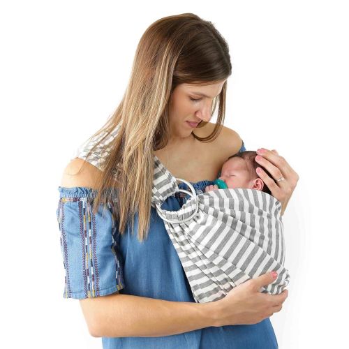  4 in 1 Baby Wrap Carrier and Ring Sling by Kids N Such | Gray and White Stripes Cotton | Use as a Postpartum Belt and Nursing Cover with Free Carrying Pouch | Best Baby Shower Gift