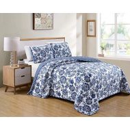 [아마존베스트]Kids Zone Home Linen 2 Piece Twin/Twin Extra Long Bedspread Set Floral Printed Pattern Blue White with Some Beige