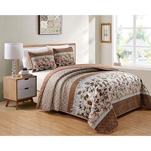  [아마존베스트]Kids Zone Home Linen 2 Piece Twin/Twin Extra Long Over Size Bedspread Set Brown Tan Sky Blue Leaves White