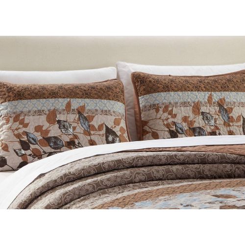  [아마존베스트]Kids Zone Home Linen 2 Piece Twin/Twin Extra Long Over Size Bedspread Set Brown Tan Sky Blue Leaves White