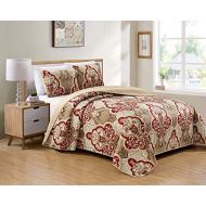 [아마존베스트]Kids Zone Home Linen 3 Piece Full/Queen Over Size Bedspread Set Damask Pattern Taupe Burgundy Brown