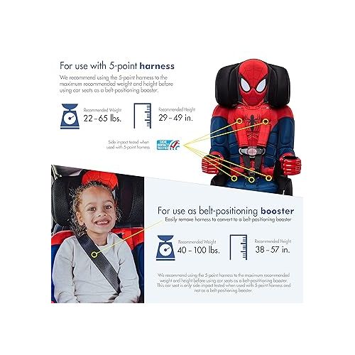  KidsEmbrace Marvel Spider-Man 2-in-1 Forward-Facing Booster Car Seat LATCH | 5-Point Harness Booster 22-65lbs converts to Belt-Positioning Booster 40-100lbs | Adjustable