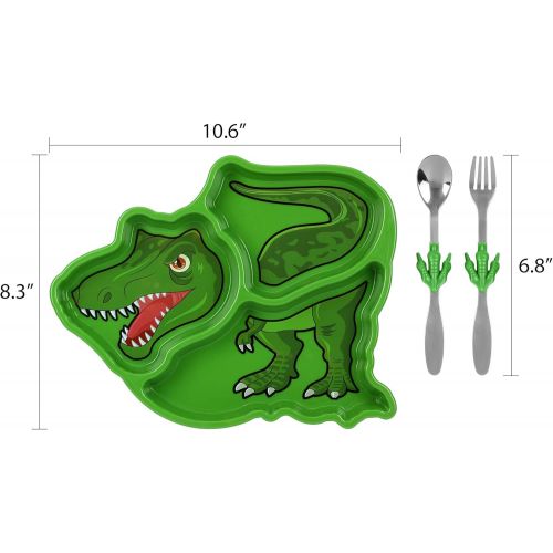  KidsFunwares T-Rex Dinosaur Me Time Meal Set, Portion Control Divided Plate with Fork and Spoon for Kids