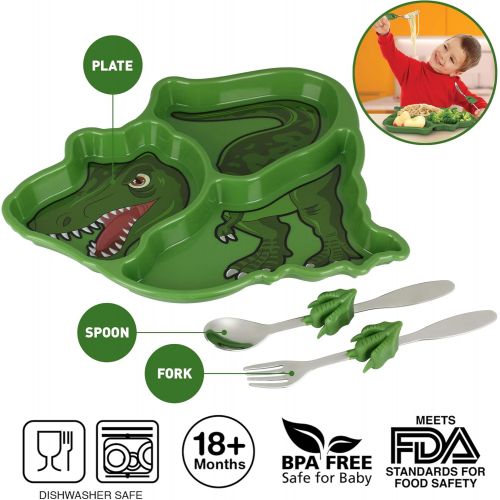  KidsFunwares T-Rex Dinosaur Me Time Meal Set, Portion Control Divided Plate with Fork and Spoon for Kids