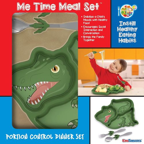  KidsFunwares T-Rex Dinosaur Me Time Meal Set, Portion Control Divided Plate with Fork and Spoon for Kids