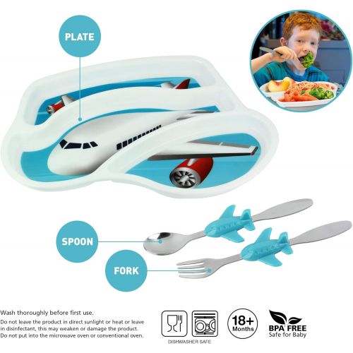  [아마존베스트]KidsFunwares Me Time Meal Set (Airplane)  3-Piece Set for Kids and Toddlers  Plate, Fork and Spoon that Children Love - Sparks your Childs Imagination and Teaches Portion Control