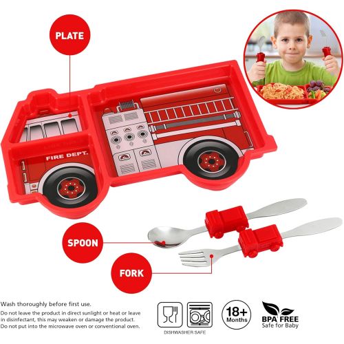  KidsFunwares Fire Engine Me Time Meal Set, Portion Control Divided Plate with Fork and Spoon for Kids