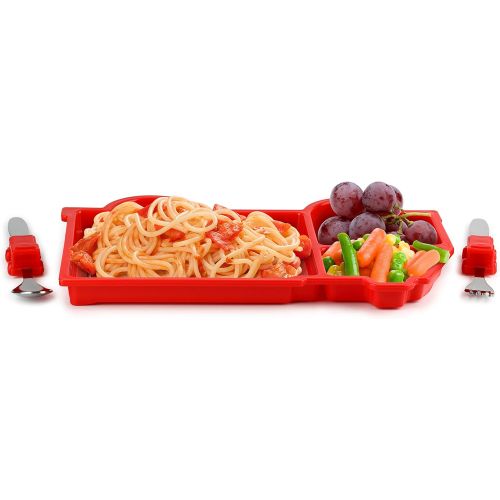  KidsFunwares Fire Engine Me Time Meal Set, Portion Control Divided Plate with Fork and Spoon for Kids