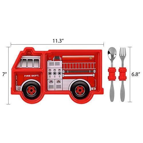  KidsFunwares Fire Engine Me Time Meal Set, Portion Control Divided Plate with Fork and Spoon for Kids