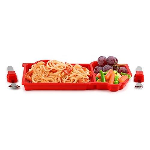  KidsFunwares Fire Engine Me Time Meal Set, Portion Control Divided Plate with Fork and Spoon for Kids