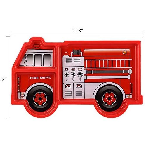  KidsFunwares Fire Engine Me Time Meal Set, Portion Control Divided Plate with Fork and Spoon for Kids