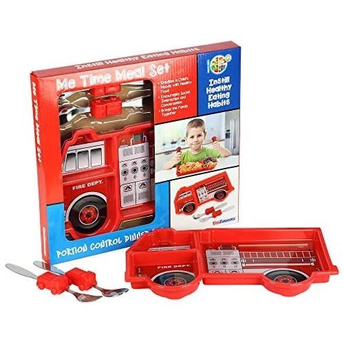  KidsFunwares Fire Engine Me Time Meal Set, Portion Control Divided Plate with Fork and Spoon for Kids