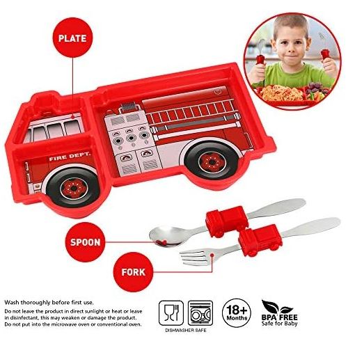  KidsFunwares Fire Engine Me Time Meal Set, Portion Control Divided Plate with Fork and Spoon for Kids