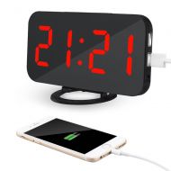 KidsHome Kidshome Mirror Alarm Clock Digital Clock Desk Clock Bedside Clock Mirror Surface with USB Charger Ports for Home Office Hotel Room Decorate (Red Dispaly)