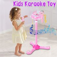 Kidsform Kid Karaoke System Machine Toy Set Music MP3 Player With 2 Microphones Built in Speaker Adjustable Stand FOR Cellphone Table MP3 MP4 Gift with Flashing Stage Lights and Applause