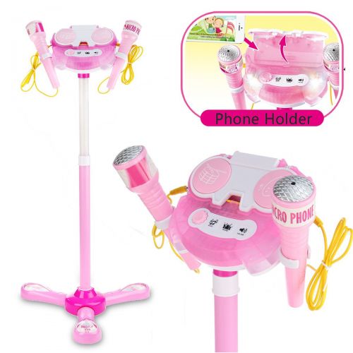  Kidsform Kid Karaoke System Machine Toy Set Music MP3 Player With 2 Microphones Built in Speaker Adjustable Stand FOR Cellphone Table MP3 MP4 Gift with Flashing Stage Lights and Applause