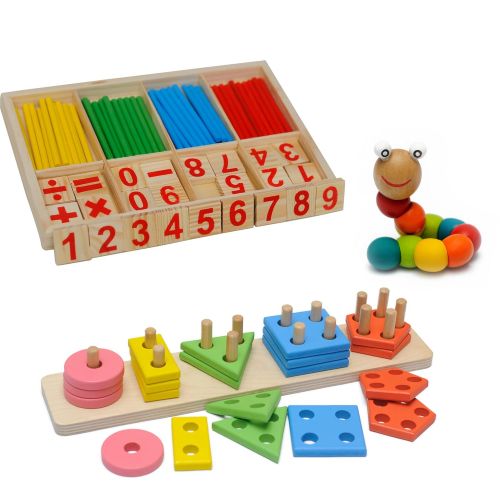  Kidsteins 3 Toys Value Pack - Math, Counting, Puzzle and Creativity Wooden Stem Toys for Cognitive Improvement Through Children Play - Great for Group Play and Learning