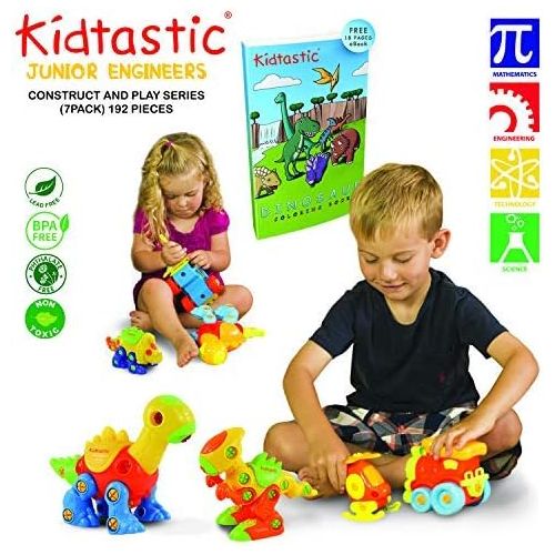  Kidtastic Set of 7 Take Apart Toys, Dinosaurs, Helicopter, Train, Truck, Motorcycle, STEM Building Set, Engineering Kit for Boys, Girls, Toddlers, Age 3, 4, 5 Year Old