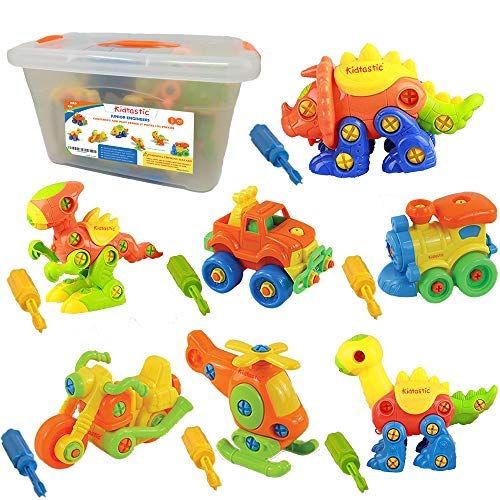  Kidtastic Set of 7 Take Apart Toys, Dinosaurs, Helicopter, Train, Truck, Motorcycle, STEM Building Set, Engineering Kit for Boys, Girls, Toddlers, Age 3, 4, 5 Year Old