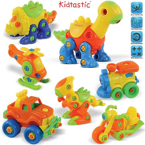  Kidtastic Set of 7 Take Apart Toys, Dinosaurs, Helicopter, Train, Truck, Motorcycle, STEM Building Set, Engineering Kit for Boys, Girls, Toddlers, Age 3, 4, 5 Year Old