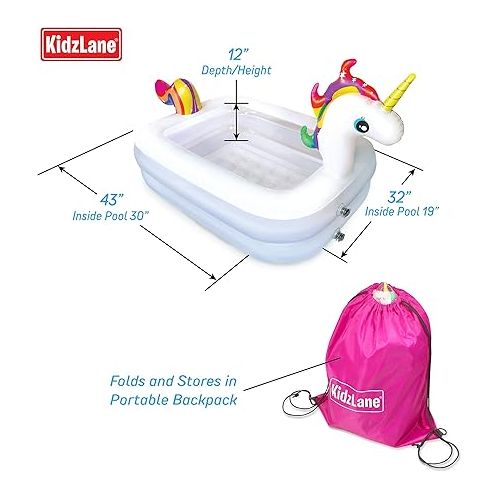  Kidzlane Unicorn Pool with Toys for Kids | Small Inflatable Kiddie Pool Includes Toys, Pump, Carrying Bag | Toddler Blow Up Swimming Pool for Backyard & Outdoor (43” x 32” x 28