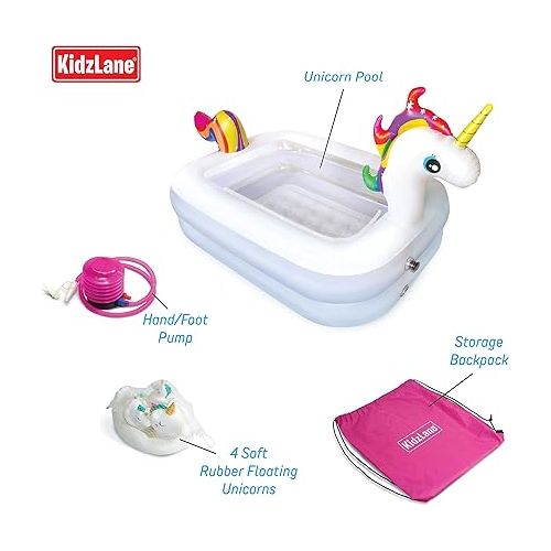  Kidzlane Unicorn Pool with Toys for Kids | Small Inflatable Kiddie Pool Includes Toys, Pump, Carrying Bag | Toddler Blow Up Swimming Pool for Backyard & Outdoor (43” x 32” x 28