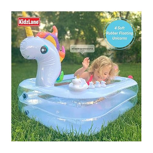  Kidzlane Unicorn Pool with Toys for Kids | Small Inflatable Kiddie Pool Includes Toys, Pump, Carrying Bag | Toddler Blow Up Swimming Pool for Backyard & Outdoor (43” x 32” x 28