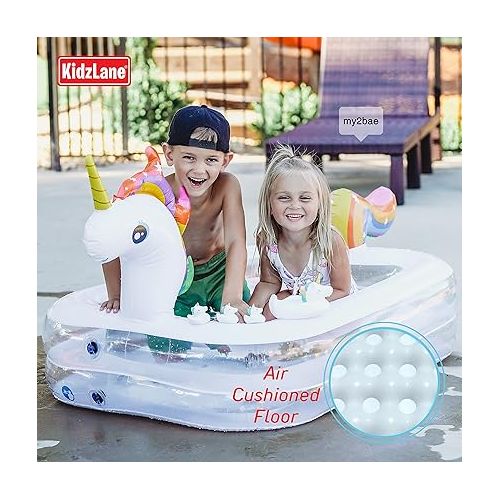  Kidzlane Unicorn Pool with Toys for Kids | Small Inflatable Kiddie Pool Includes Toys, Pump, Carrying Bag | Toddler Blow Up Swimming Pool for Backyard & Outdoor (43” x 32” x 28