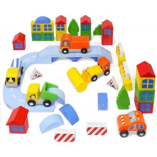  Kidzlane Wooden Construction Site Building Blocks - 50 Pc Wood Block Variety Set with Vehicles, Bridge + More in Storage Bucket - Brightly Painted, Safe & Non-Toxic for Toddlers &