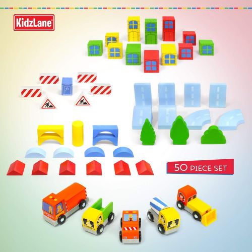  Kidzlane Wooden Construction Site Building Blocks - 50 Pc Wood Block Variety Set with Vehicles, Bridge + More in Storage Bucket - Brightly Painted, Safe & Non-Toxic for Toddlers &