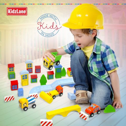  Kidzlane Wooden Construction Site Building Blocks - 50 Pc Wood Block Variety Set with Vehicles, Bridge + More in Storage Bucket - Brightly Painted, Safe & Non-Toxic for Toddlers &