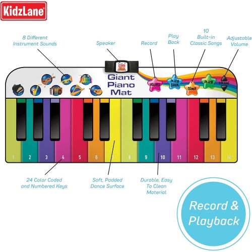  Kidzlane Floor Piano Mat for Kids and Toddlers - Giant 6 feet Piano Mat, 24 Keys  10 Song Cards, Built in Songs, Record & Playback, 8 Instrument Sounds  Age 3+